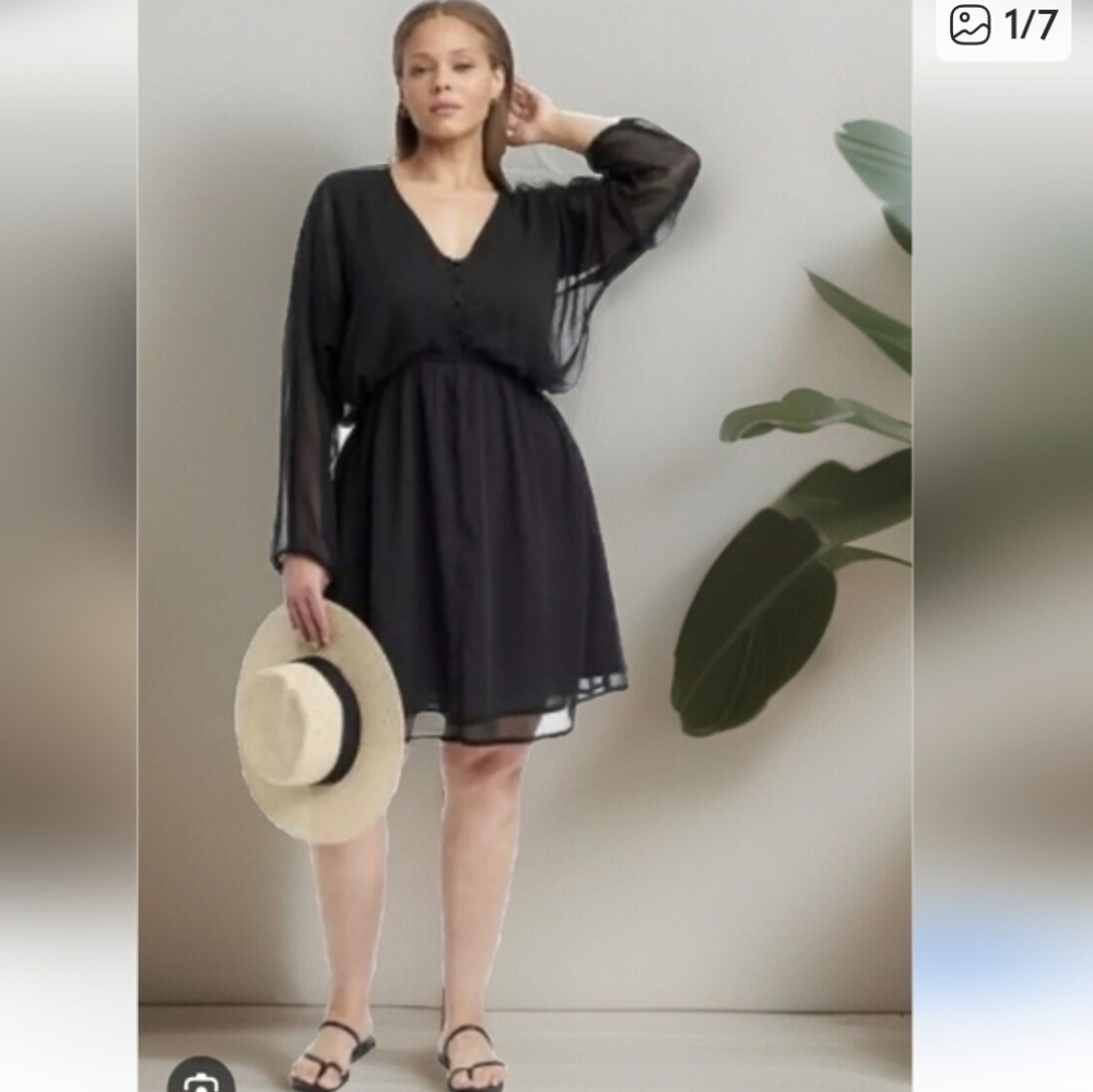 a new day Black Sheer Long Sleeve Fit & Flare Flowy Whimsical Dress 4X